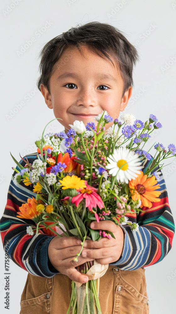 Happy, smiling kid with bunch of colorful flowers for mothers day or birthday celebration. White background, Isolated. Vertical banner. Happy, smiling kid with bunch of colorful flowers for mothers day or birthday celebration. White background, Isolated. Vertical banner.