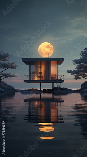 futuristic house on lake with large moon in background