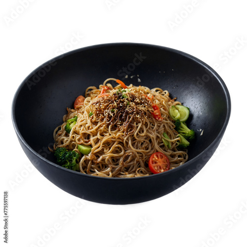 Bowl of japanese Yakisoba noodles with vegetables. Generative AI. photo