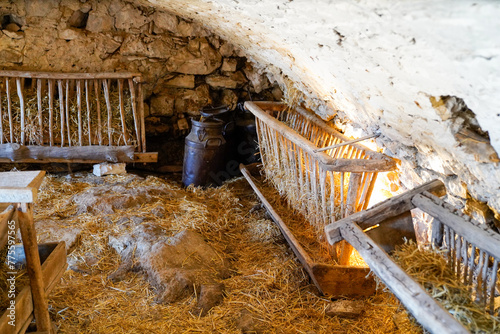 feeder wooden for sheep room in old ancient farm in french in museum Hures la Parade photo