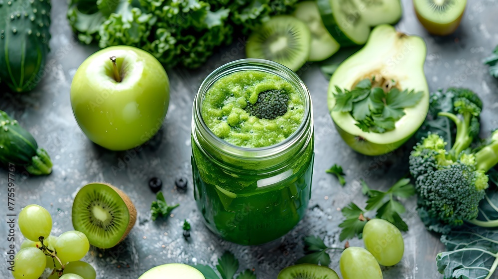 Vibrant green smoothie surrounded by fresh fruits and vegetables. Healthy lifestyle concept captured in a clean, bright style. Nutrition and wellness in a jar. AI Vibrant green smoothie surrounded by fresh fruits and vegetables. Healthy lifestyle concept captured in a clean, bright style. Nutrition and wellness in a jar. AI