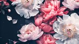 Elegant Pink Peonies on a Dark Background, Perfect for Wedding Invitations. Blooming Flowers with Soft Petals in a Stylish Composition. Suitable for Greeting Cards and Wallpapers. AI