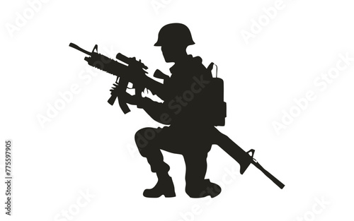 silhouette of a salute soldier in black and white. set of soldier silhouettes with gun in different poses