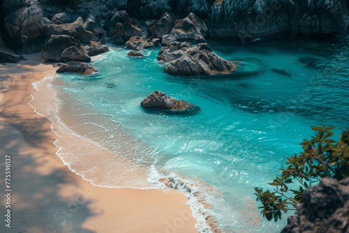 Aerial View of Beach With Rocks and Water