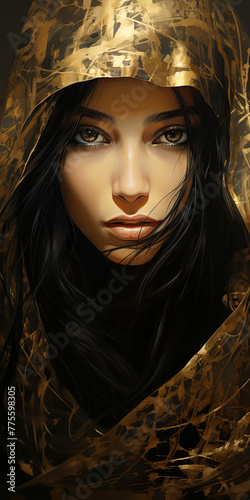 Portrait of a charming mysterious brunette with beautiful brown eyes in a golden cloak with a hood. Halloween party art design concept. Vertical image orientation
