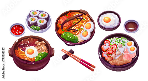 Korean food icon with bibimbap and asian rice meal illustration. Chinese noodle cuisine dish for tteokbokki or delicious gimbap isolated cooking set. Fancy sushi roll with sauce and stick for lunch © klyaksun