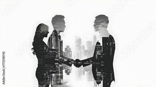 Abstract Business Handshake Blending Cityscape with People, Monochrome Double Exposure Concept Illustration. AI