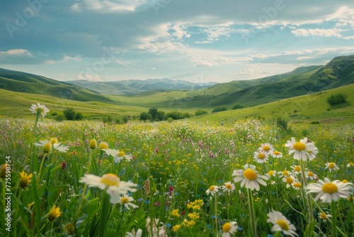 Field of Wildflowers and Daisies With Mountains in Background