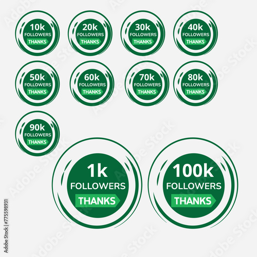 1k to 100k follower green buttons for social media isolated with grey background. 