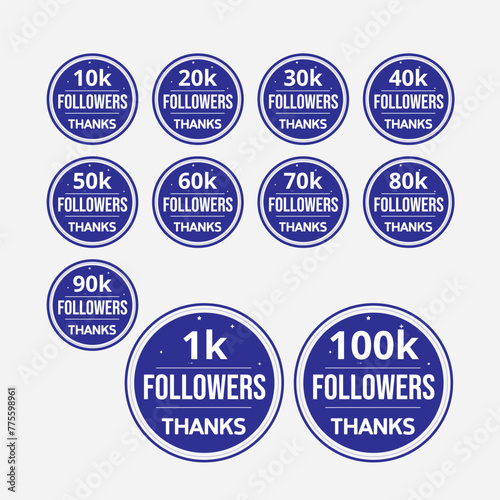 1k to 100k follower blue buttons for social media isolated with grey background. 