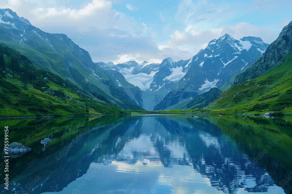 Lake Surrounded by Mountains and Green Grass
