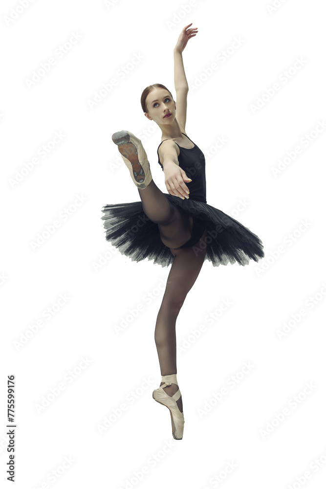 ballerina in a black tutu shows elements of ballet dance in motion, isolated on transparent background, png
