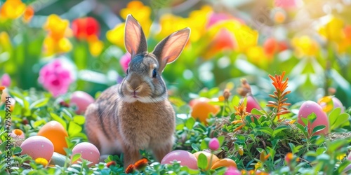 Audubons Cottontail rabbit is hidden in the vegetation next to Easter eggs in its natural environment of grass and flowers AIG42E photo