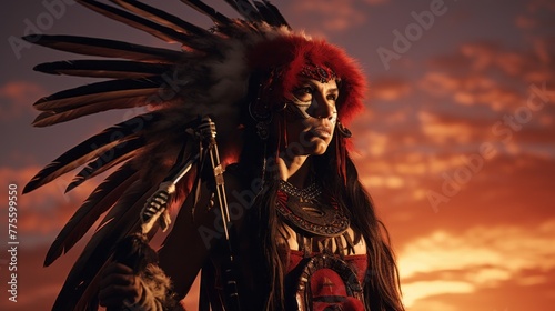 A serious American Indian Woman wearing traditional red clothes, with bird feathers on her head, holding a gun in her hand against the background of Sunset, sky. Horizontal photo from copy space