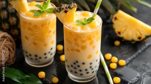 Pineapple milkshake with sweet tapioca balls, Asian bubble tea drink
