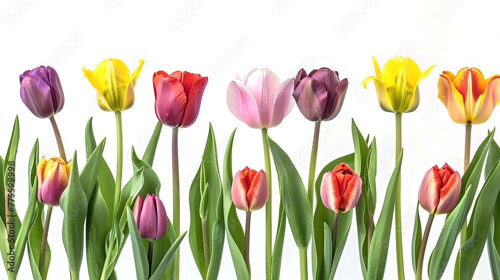 Colorful array of tulips lining up in a row on a white background. Vibrant floral display perfect for spring themes. Simple elegance captured in a photo. AI Colorful array of tulips lining up in a row on a white background. Vibrant floral display perfect for spring themes. Simple elegance captured in a photo. AI