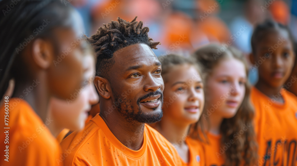 Coach with young basketball players in orange jerseys. Coach with young basketball players in orange jerseys.