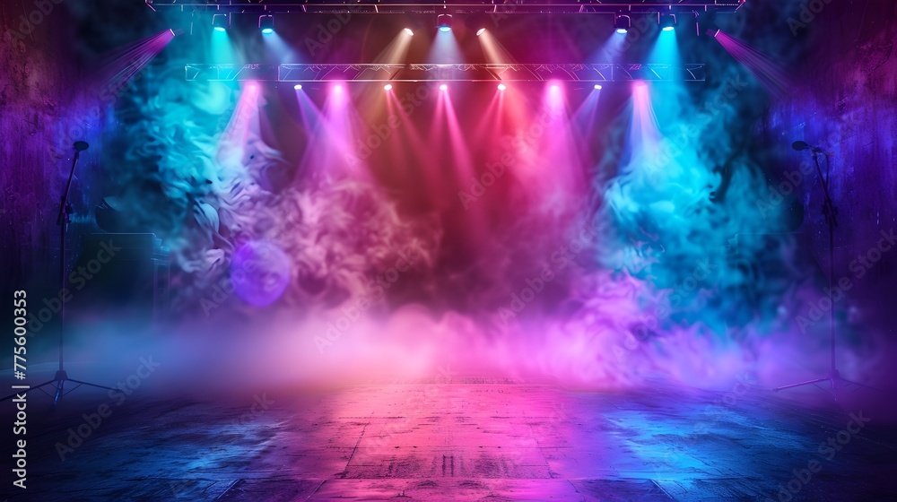 Vibrant Stage Lights With Colored Smoke on a Concert Stage. Festive and Live Music Event Atmosphere. Ideal for Party Flyers and Entertainment. AI
