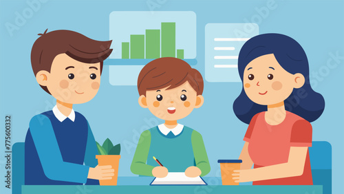 During a parentteacher conference two siblings sitting side by side each trying to convince their teacher that they are the better student.