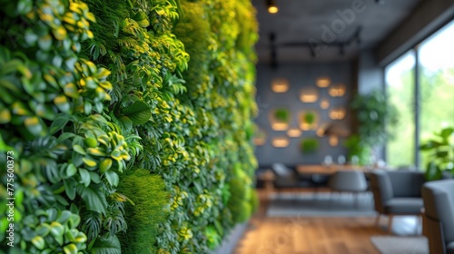 Modern interior with green living wall and lounge area.