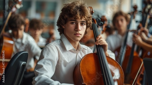a young man in a white shirt playing the cello in a music classroom
