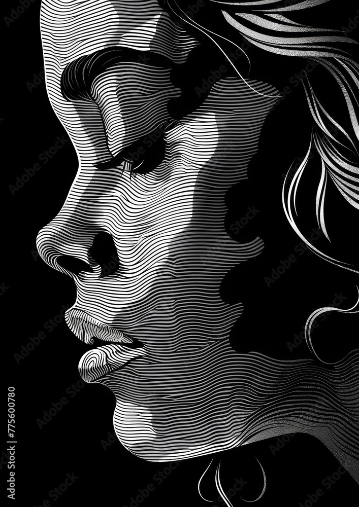 Fototapeta premium Monochrome Stenciled Portrait of a Young Woman Generative AI
