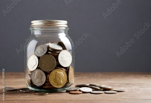Coin Jar Savings on Wooden Table Against Gray Wall