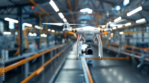 Drone flying in a warehouse with red navigation lights. A drone with bright red navigation lights expertly maneuvers through a warehouse space, indicating high-tech functionality