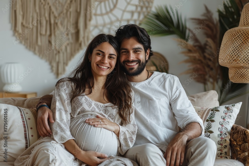 Joyful Indian couple, expecting their baby, share an embrace on the couch while smiling warmly at the camera Joyful Indian couple, expecting their baby, share an embrace on the couch while smiling warmly at the camera
