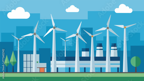 A series of towering wind turbines stand tall above a manufacturing plant their blades spinning gracefully in the breeze.
