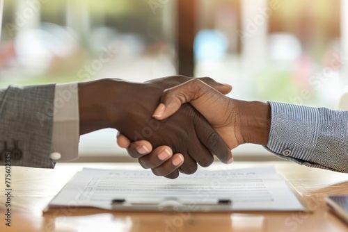 Two business partners, Asian and African American, sit a table signing a contract with a handshake. #775602335