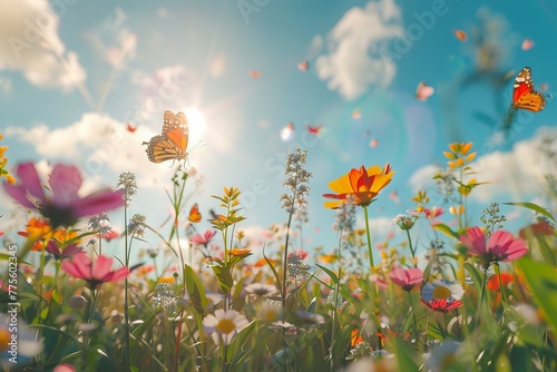 Field of Flowers With Butterflies Flying