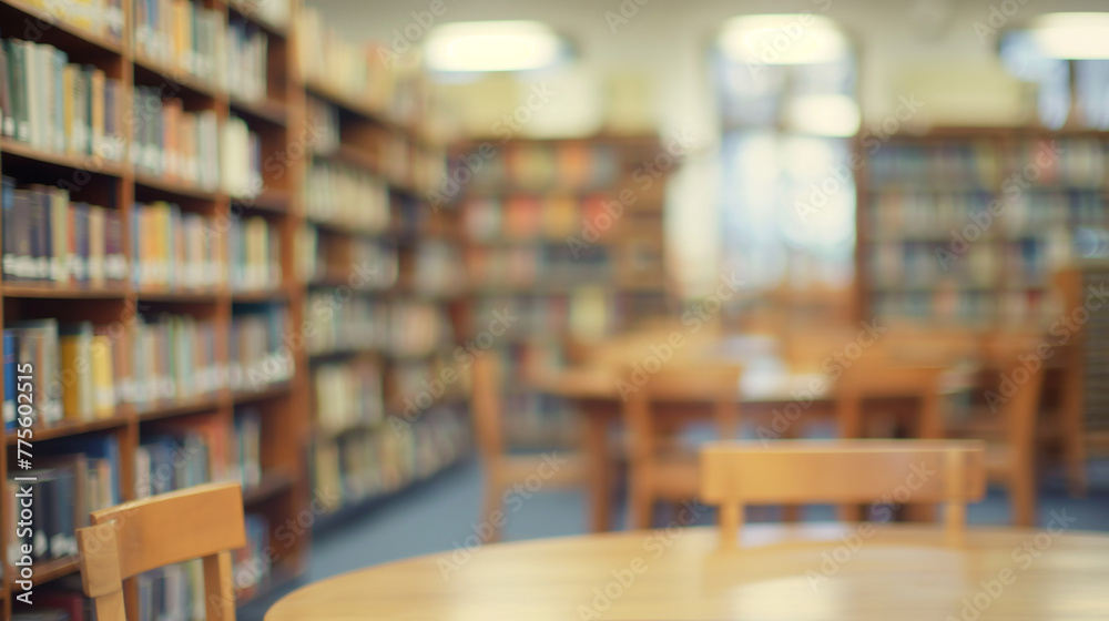 Blurred background of library interior with bookshelves tables and chairs