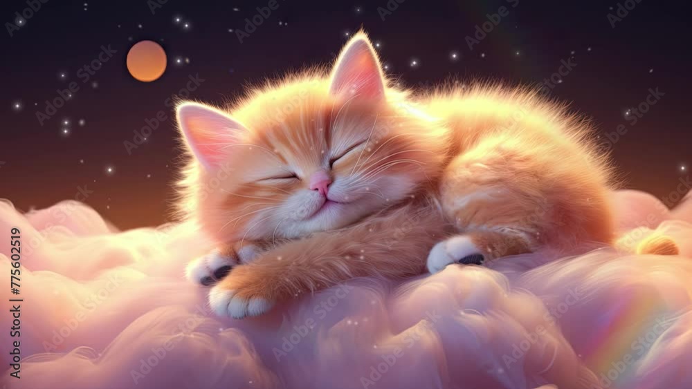 kitten sleeping in the clouds. Loop animation. Lullaby song background	