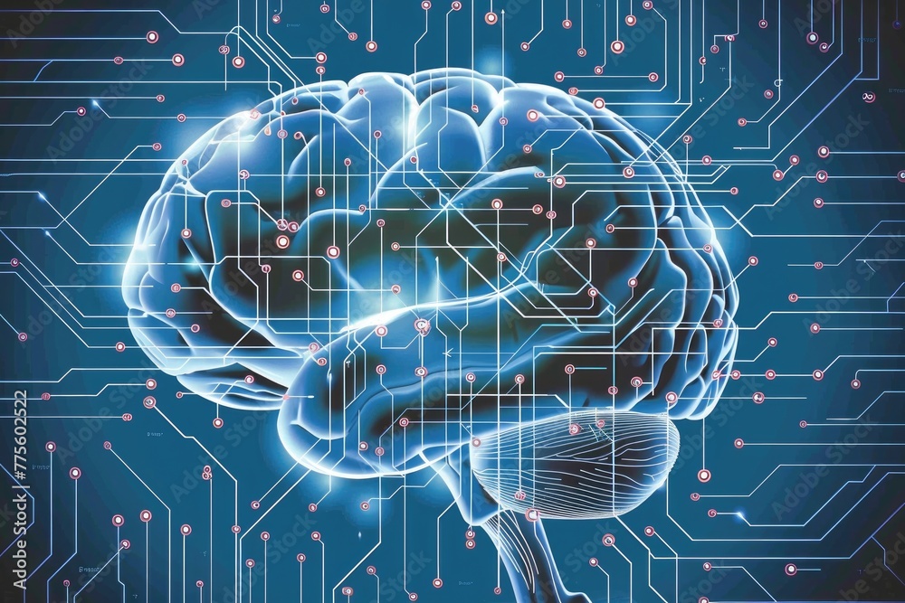 Fototapeta premium A human brain, rendered in a semi-transparent, connected to a complex circuit board.