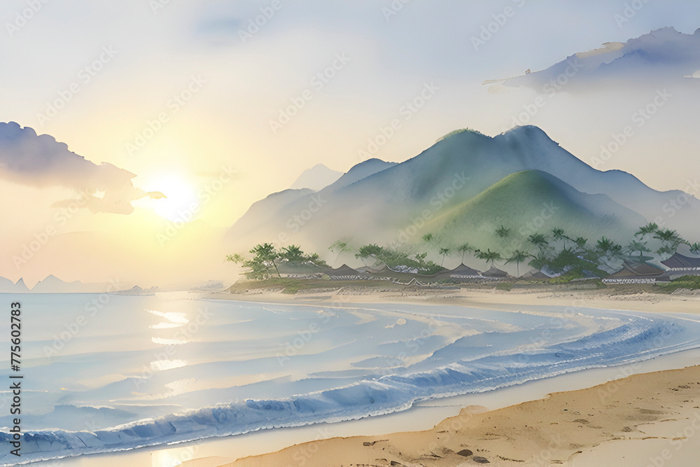 Watercolor paintings of beautiful beaches and islands. Watercolor paintings of beautiful beaches and islands.