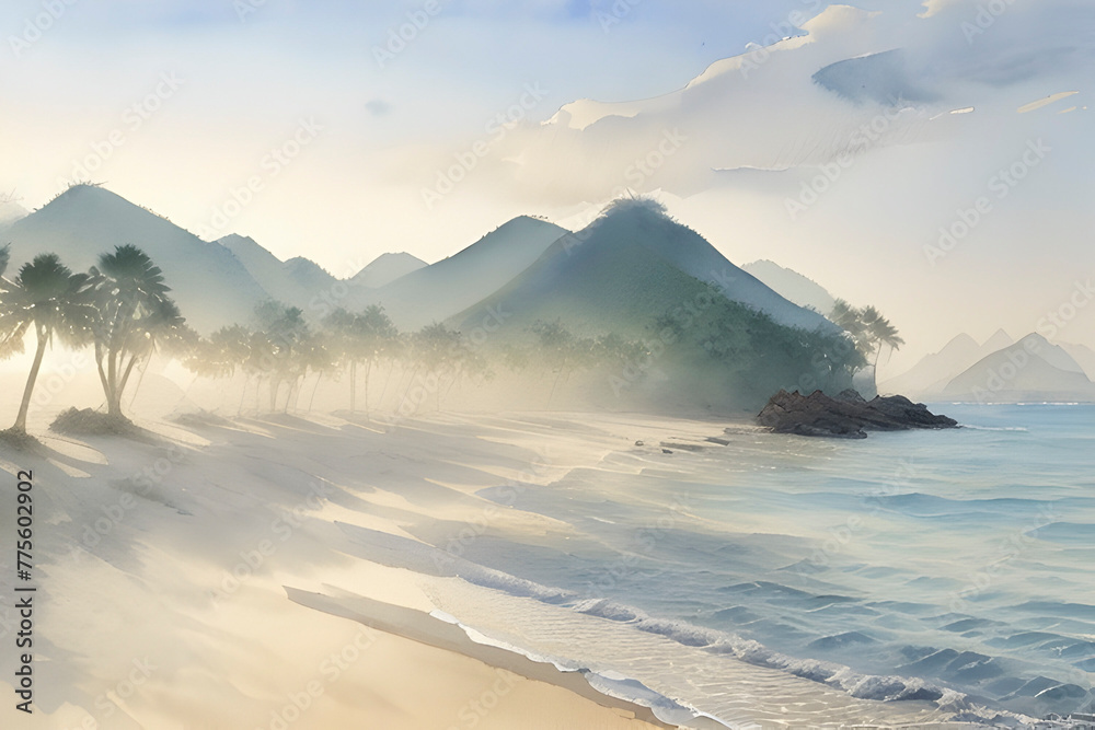 Watercolor paintings of beautiful beaches and islands. Watercolor paintings of beautiful beaches and islands.