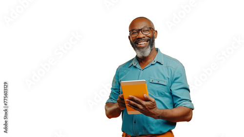 png picture of mature man looking at camera and holding a tablet, isolated on transparent background