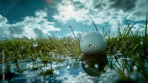 Golf ball in a puddle on the golf course. Golf club