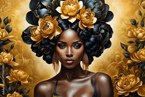 beautiful golden African women art with flowers in her hair. Beauty fashion model girl. realistic digital art. ideal for Juneteenth. generative ai