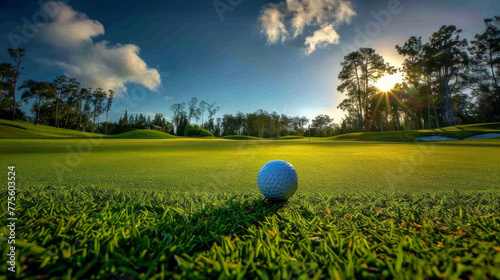 Golf ball on the grass on the golf course. Golf club