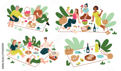 People having picnic outdoors. Collection of scenes with friends spend time in nature, eating food, drinking. Flat cartoon picnic baskets, meals set. Vector illustration of family relaxing in summer