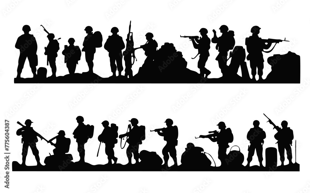 silhouette of a salute soldier in black and white. set of soldier silhouettes with gun in different poses