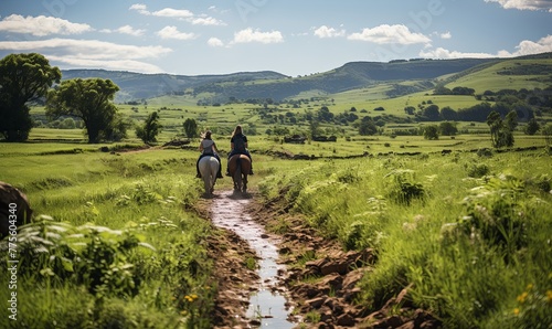 Couple Riding Horses Down Dirt Road photo
