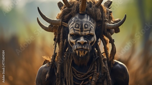 Close-up of Warrior, a man from the African Mursi tribe with traditional horns, Dreadlocks and a face painted with white patterns looks at the camera in Ethiopia. photo