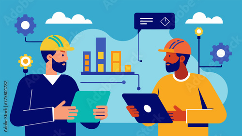 The hands of two workers collaborating on a tablet viewing and manipulating digital plans and blueprints exemplifying the collaborative and