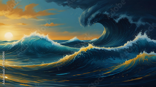 Magical fairytale ocean waves art painting. Unique blue and gold wavy swirls of magic water..generative.ai