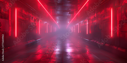 3d rendering of realistic sci-fi dark corridor with red light. Futuristic tunnel with grunge metal walls. Cyberpunk tunnel. Interior view. . generative ai 