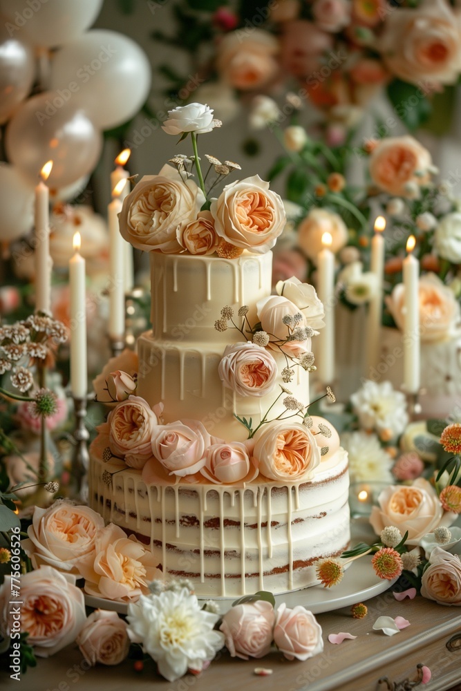 Exquisite birthday cake adorned with candles, surrounded by gold and white decor, flowers, balloons