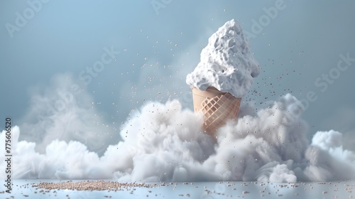 Exploding Ice Cream Cone Amidst a Dramatic Cloudscape on a Serene Blue Background